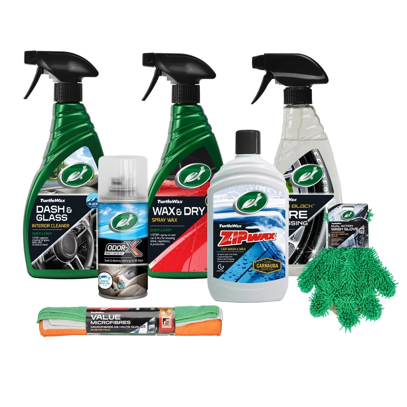 Turtle Wax Essential Car Care Kit Car Wash, Spray Wax, Glass & Interior Cleaner, Tyre Shine, Odour Eliminator, Microfibre Cloths and Wash Glove for Complete Interior & Exterior Detailing