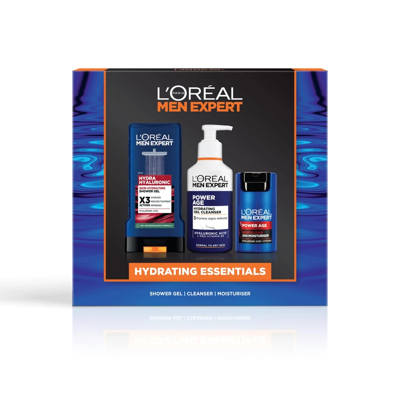 L'Oréal Men Expert Hydrating Essentials Gift Set, Shower Gel, Cleanser and Moisturiser, Hyaluronic Acid, For Men, Intense 24H Hydration, Anti-Aging Care, Complete Grooming Trio