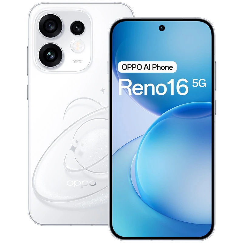 OPPO Reno16 5G Smartphone 256GB 8GB RAM Pop White, Dual SIM + eSIM, 6.32" 120Hz AMOLED, 50MP Triple Camera 3.5x Telephoto, 80W SUPERVOOC, 6000mAh, IP69, Android 16
