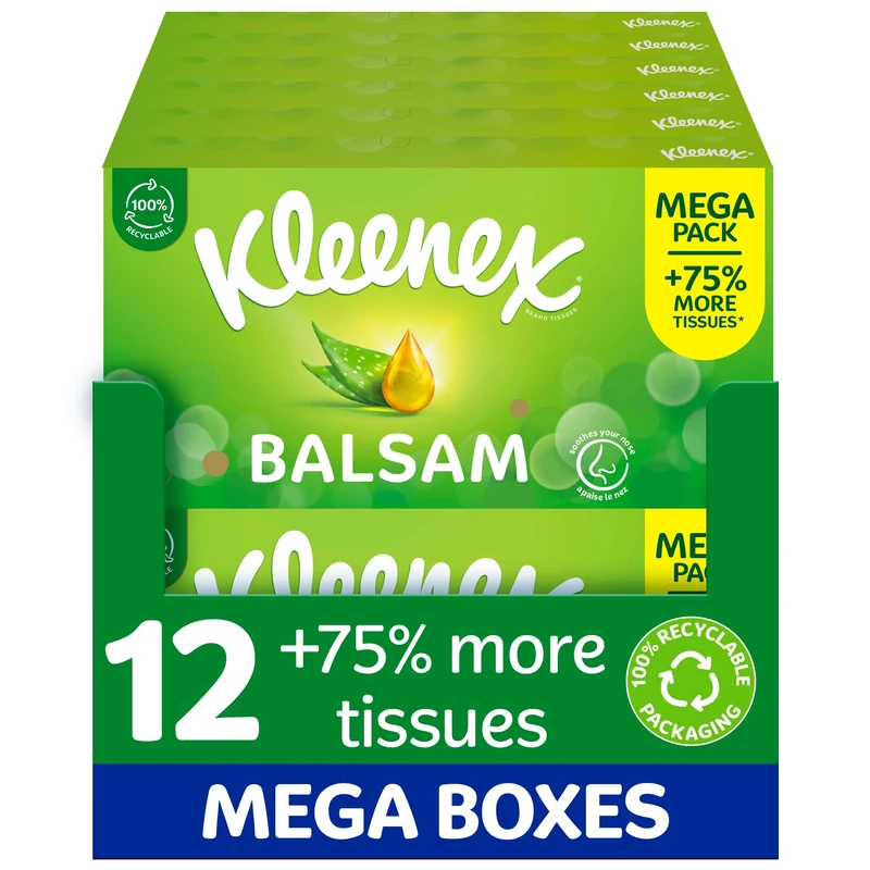 Kleenex® Balsam Tissues, Mega Pack - 1,344 Sheets (12 Boxes x 112 Sheets) - Balm Tissues Protect and Soothe Your Nose When You've Got a Cold - Balmcare® with Aloe Vera, Vitamin E and Calendula - Image 1