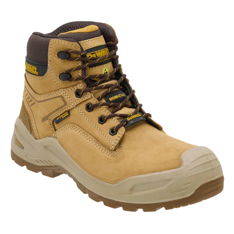 DEWALT Steelforge Men’s Waterproof Safety Boots S7S SR FO HRO SC LG, Wide Fit Work Boots with Composite Toe & Midsole, Nubuck Leather, Slip Resistant Heat Resistant Outsole, Wheat, UK 8
