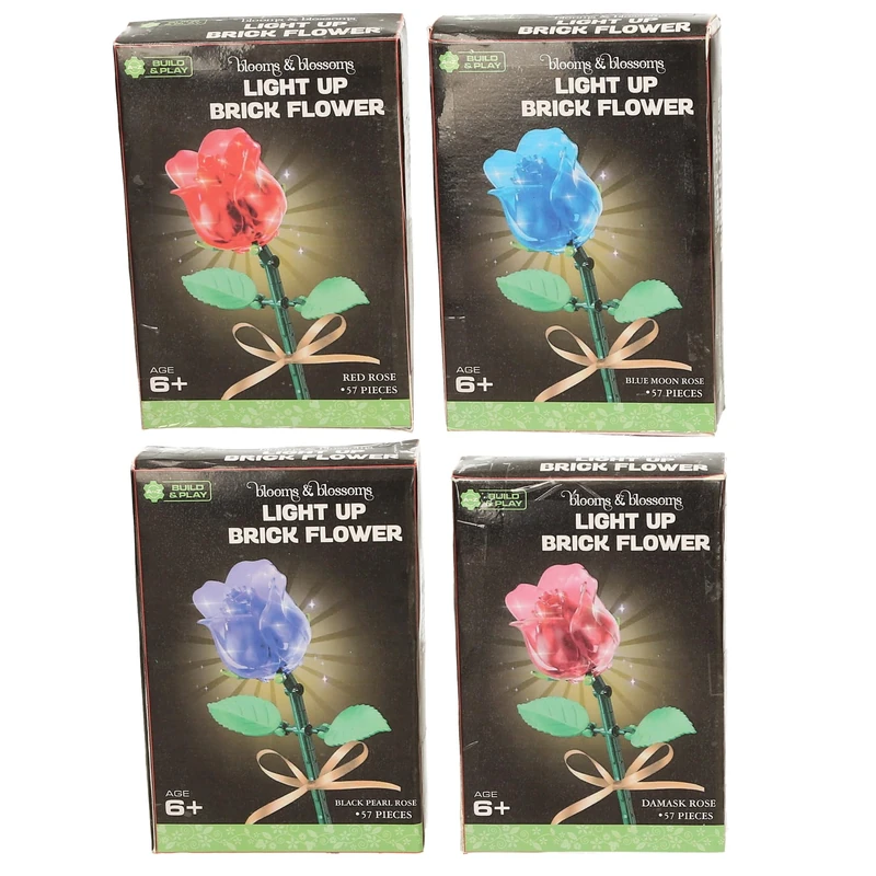 Blooms & Blossoms 4 x Light Up Brick Flowers Building Set, 57 Pieces, Ages 6+, LED Rose