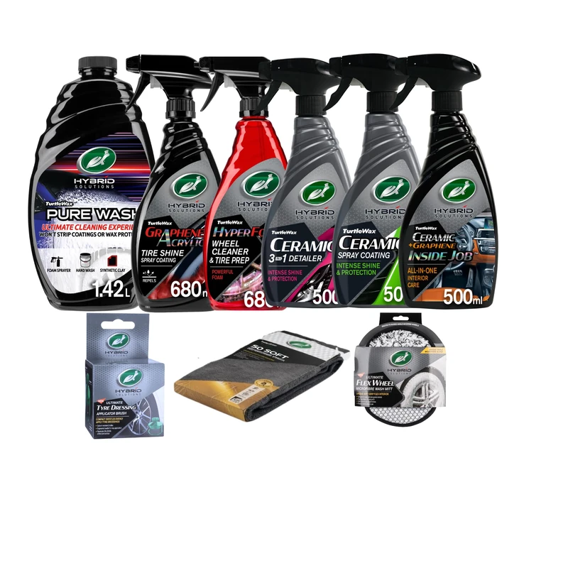 Turtle Wax Hybrid Solutions Complete Ceramic Car Care Kit, Includes Car Wash, Car Wax, Detailer, Car Interior Cleaner, Tire & Wheel Cleaner, Tire Shine, Microfibers, Wash Mit & Brush (9 Piece Kit) - Image 1