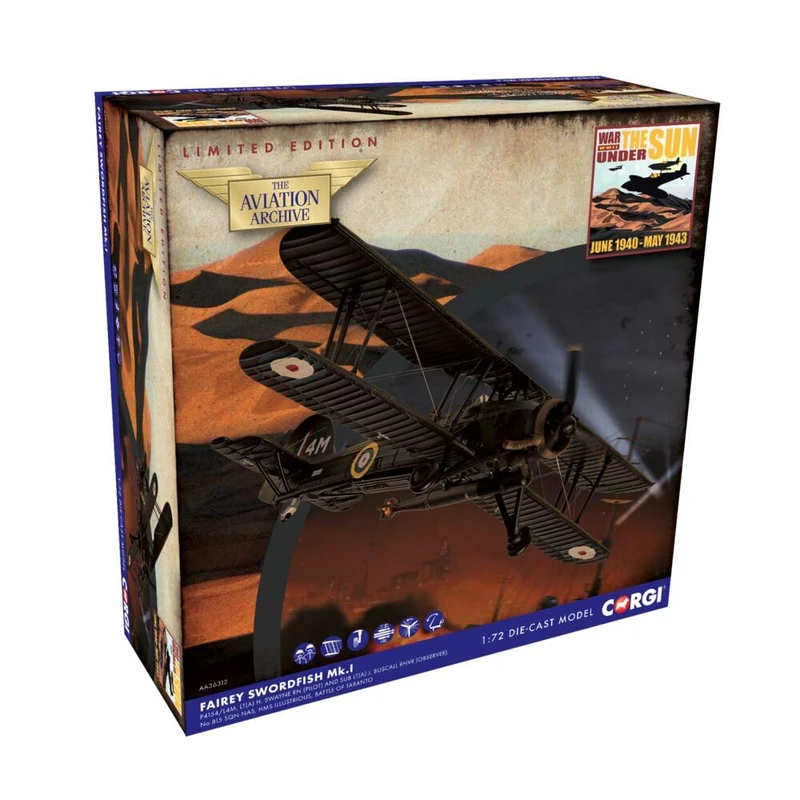 Corgi AA36312 Aviation Archive Fairey Swordfish MkI, P4154 / 4M,Battle of Taranto, November 1940 Die Cast Model Aircraft