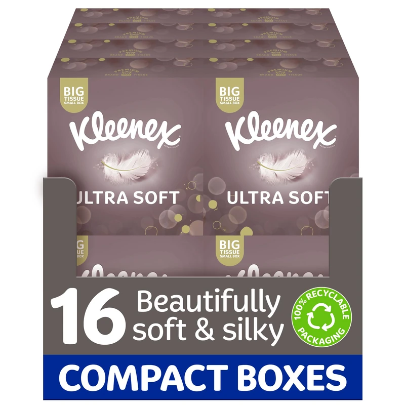 Kleenex Ultra Soft Extra Large Tissue in 16 Compact Boxes - Our Softest Tissue - Supremely Soft and Silky Tissues Designed with Luxury in Mind (Pack of 8)