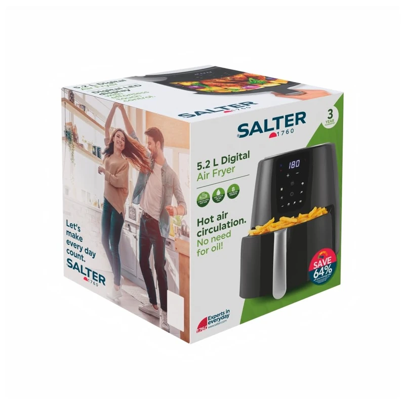 Salter 5.2L Digital Air Fryer, 1300 W Hot Air Circulation Air Fryer Oven with Non-Stick Cooking Rack, 8 Preset Functions, 30-Minute Timer, Compact Small Air Fryer for Everyday Meals
