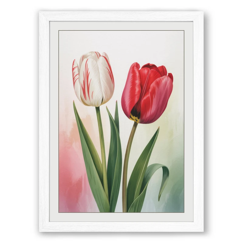 Tulips in Bloom Botanical Framed Wall Art Print A1 (84.1×59.4cm) White, Wall Decor for Living Room, Bedroom, Office & Home, Ready to Hang, Art Gift