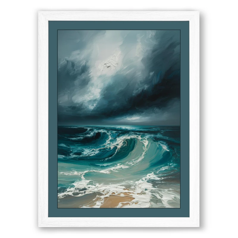 Storm at Sea Coastal Framed Wall Art Print A1 (84.1×59.4cm) White, Wall Decor for Living Room, Bedroom, Office & Home, Ready to Hang, Art Gift