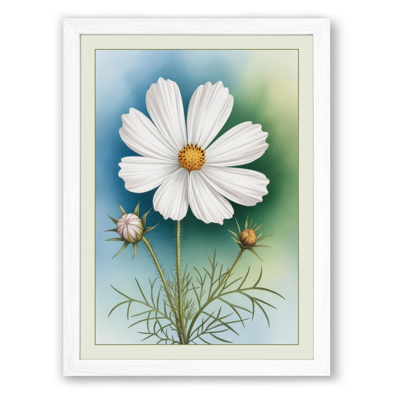 Single Daisy Study Botanical Framed Wall Art Print A1 (84.1×59.4cm) White, Wall Decor for Living Room, Bedroom, Office & Home, Ready to Hang, Art Gift