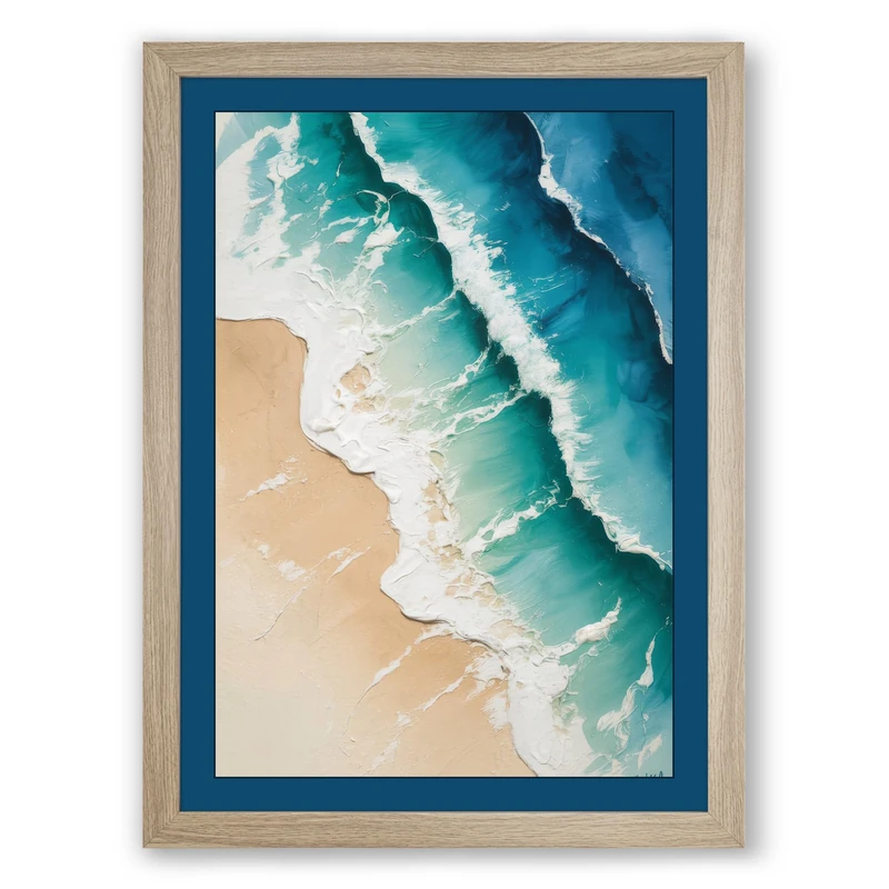 Waves Meeting Shore Coastal Framed Wall Art Print A1 (84.1×59.4cm) Oak, Wall Decor for Living Room, Bedroom, Office & Home, Ready to Hang, Art Gift