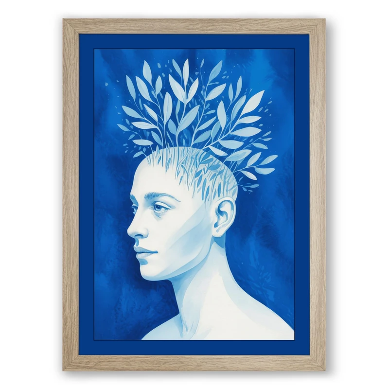 Blue Bloom Botanical Framed Wall Art Print A1 (84.1×59.4cm) Oak, Wall Decor for Living Room, Bedroom, Office & Home, Ready to Hang, Art Gift - Image 1