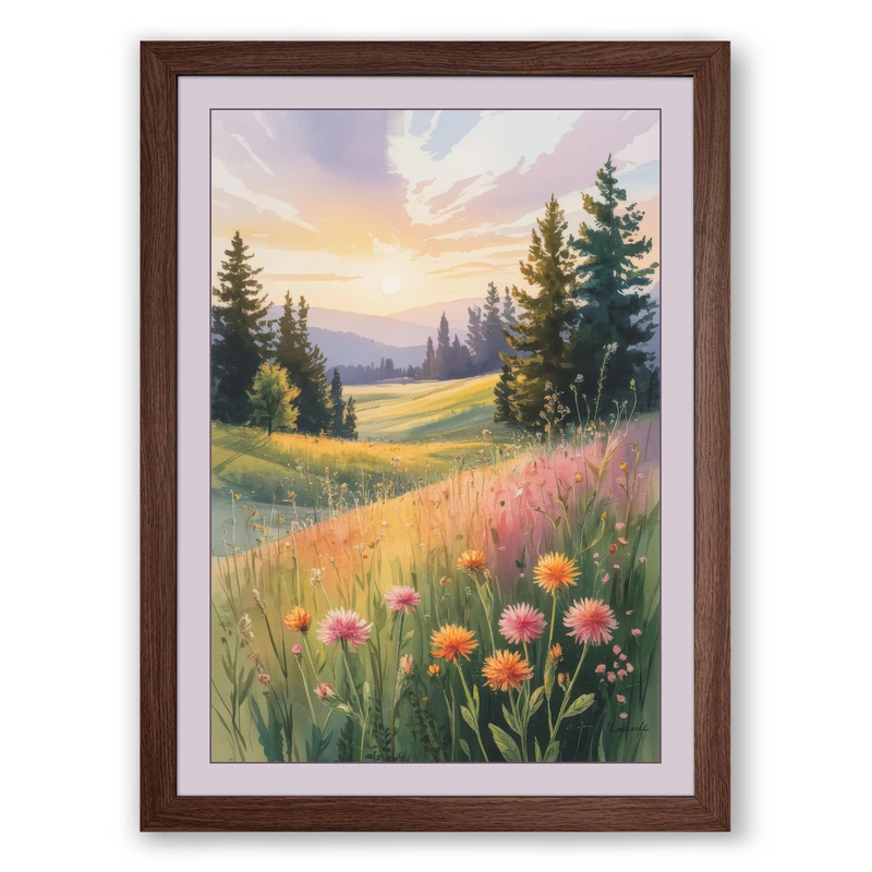 Wildflower Meadow at Golden Hour Boho Framed Wall Art Print A1 (84.1×59.4cm) Walnut, Wall Decor for Living Room, Bedroom, Office & Home, Ready to Hang, Art Gift