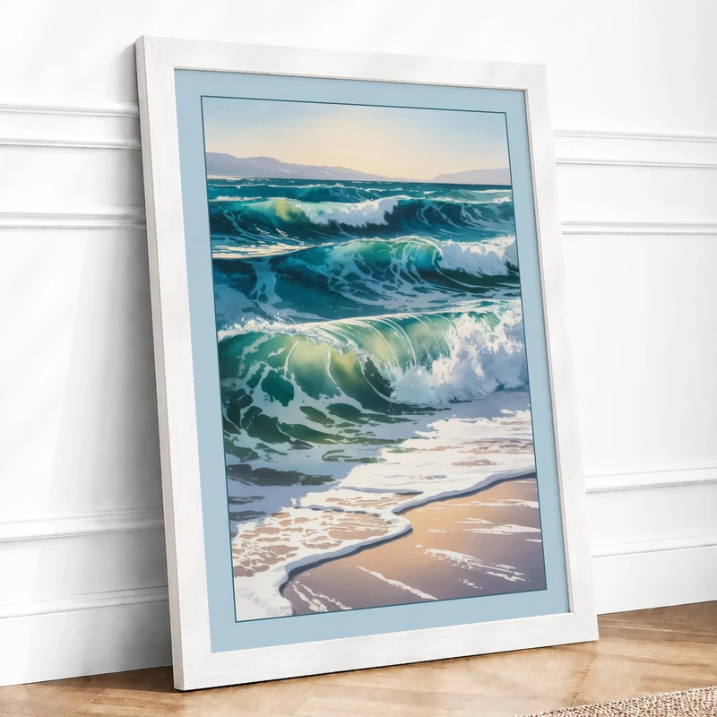 Waves at Shore Coastal Framed Wall Art Print A1 White