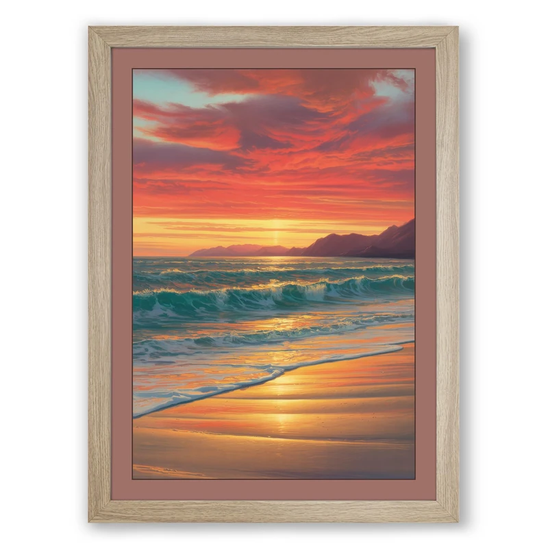 Golden Hour Seascape Coastal Framed Wall Art Print A1 (84.1×59.4cm) Oak, Wall Decor for Living Room, Bedroom, Office & Home, Ready to Hang, Art Gift
