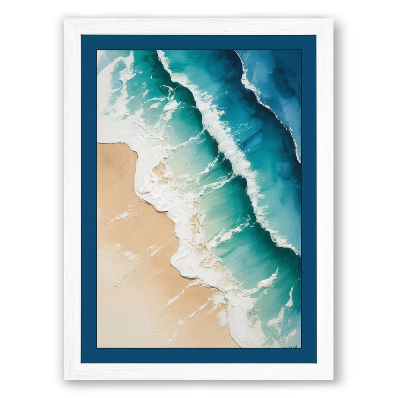 Waves Meeting Shore Coastal Framed Wall Art Print A1 (84.1×59.4cm) White, Wall Decor for Living Room, Bedroom, Office & Home, Ready to Hang, Art Gift