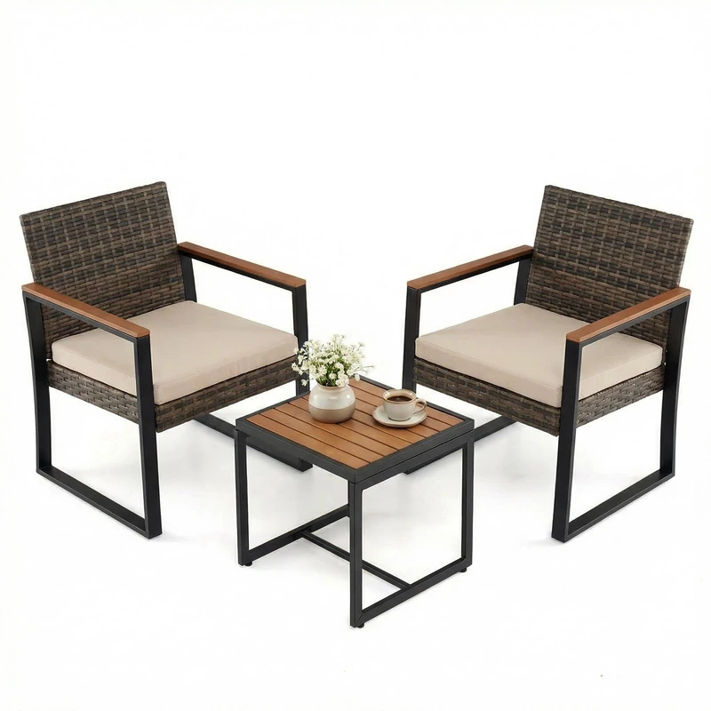 RELAX4LIFE 3 Pieces Rattan Bistro Set, Outdoor Conversation Sets with Slatted Side Table and 2 PE Wicker Armchairs, Metal Frame Garden Furniture Sets for Conservatory Lounge Backyard Poolside (Beige)