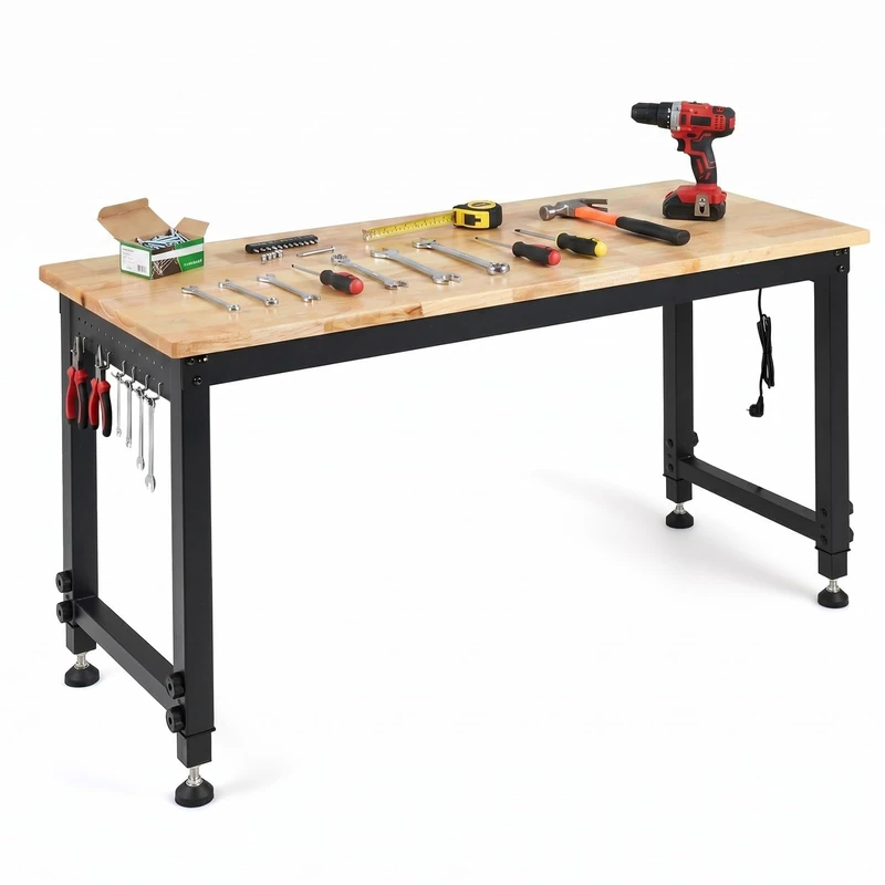 FANTASK Heavy Duty Workbench, 122 x 51 x 98 cm, Height-Adjustable Tool Bench with Metal Frame, Perforated Wall, Socket, Work Table with 2.5 cm Solid Wood Top, Workbench up to 900 kg for Workshop - Image 1