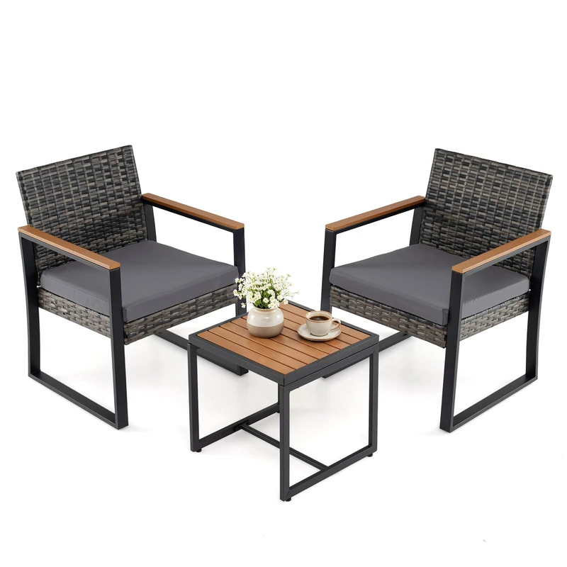 RELAX4LIFE 3 Pieces Rattan Bistro Set, Outdoor Conversation Sets with Slatted Side Table and 2 PE Wicker Armchairs, Metal Frame Garden Furniture Sets for Conservatory Lounge Backyard Poolside (Grey)