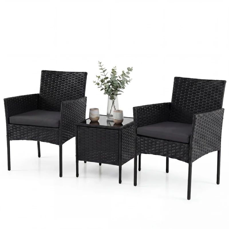 RELAX4LIFE 3 Pieces Rattan Bistro Set, PE Wicker Garden Sets with Tempered Glass Side Table, 2 Armchairs and Washable Cushions, Outdoor Furniture Conversation Sets for Lounge Backyard Poolside (Grey)