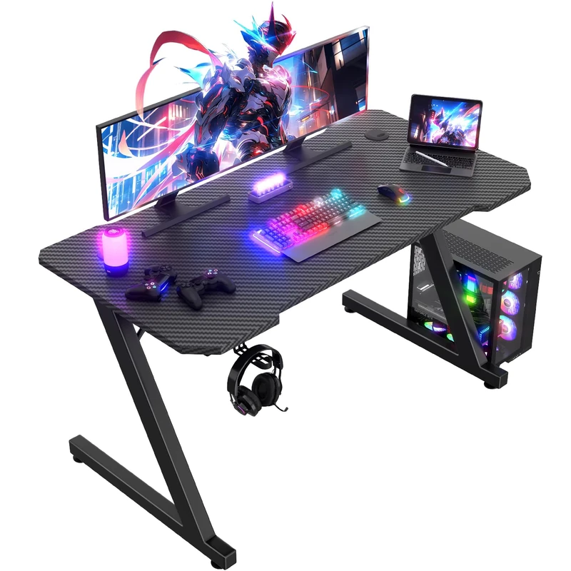 JUMMICO Gaming Desk 120 x 60 cm, Z Shaped Gaming Table Computer Desk PC Gamer Desk for Home Office, Gaming Desk with Headphone Hook, Black - Image 1