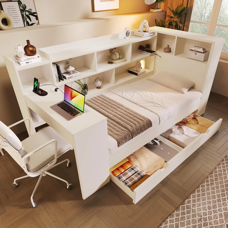 Ball & Cast Single Daybed with Bookcase & Computer Desk, 3FT Sofa Bed with Storage, Drawers & USB Type-C Port, 90 x 190 cm Multi-functional Wooden Bed Frame for Living Room/Bedroom, White
