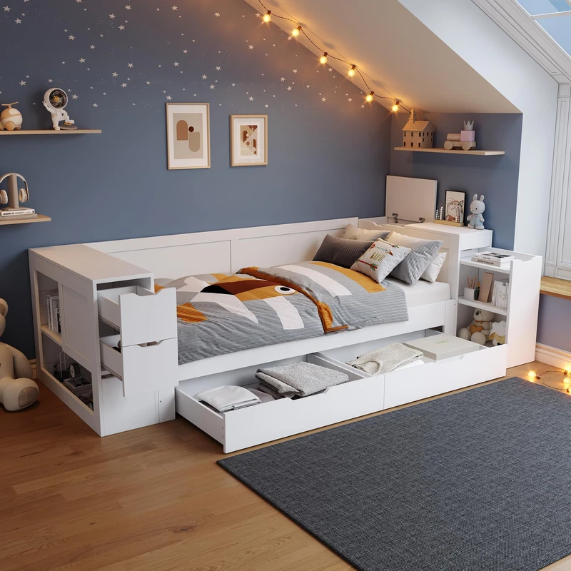 Ball & Cast kids Wooden Daybed with Storage Cabinet Platform Bed,with drawers&side storage compartment&cupboard&besidetable, Multi-functional Wooden Storage Bed for Children Adults, 90x190 cm,white