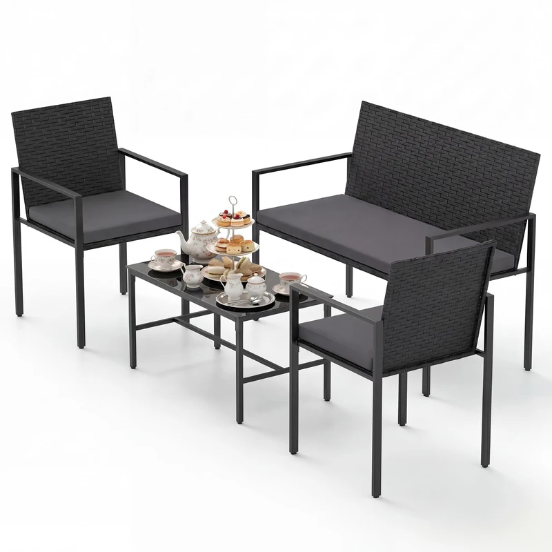 RELAX4LIFE 4 Pieces Rattan Garden Furniture Set, Outdoor Conversation Sets with Tempered Glass Table & Cushions, Loveseat and 2 Armchairs, PE Wicker Sectional Set for Lounge Backyard Poolside (Grey) - Image 1