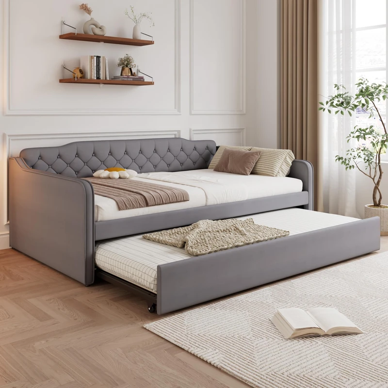Ball & Cast 4FT6 Double Bed with Pull-Out Trundle, Upholstered Velvet Sofa Bed Frame for Adults & Teenagers, Modern Design Day Bed, Easy Assembly, Grey, 135 x 190 cm (No Mattress)