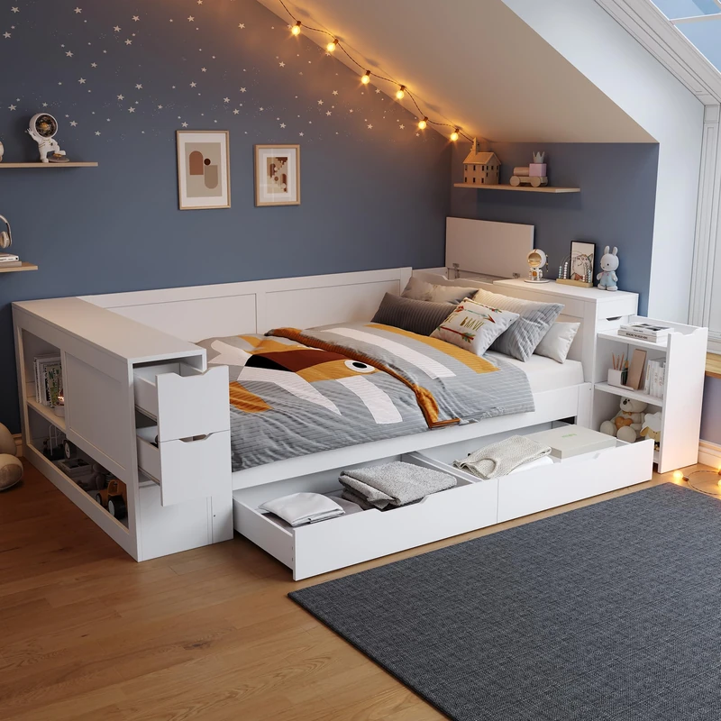 Ball & Cast kids Wooden Daybed with Storage Cabinet Platform Bed,with drawers&side storage compartmen&cupboard&besidetable, Multi-functional Wooden Storage Bed for Children Adults, 135x190cm,white