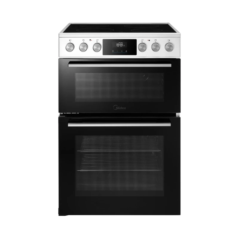 Midea 60cm Freestanding Electric Cooker with Ceramic Hob, 69L + 38L Double Oven, White - MFO24EME4R118-WH