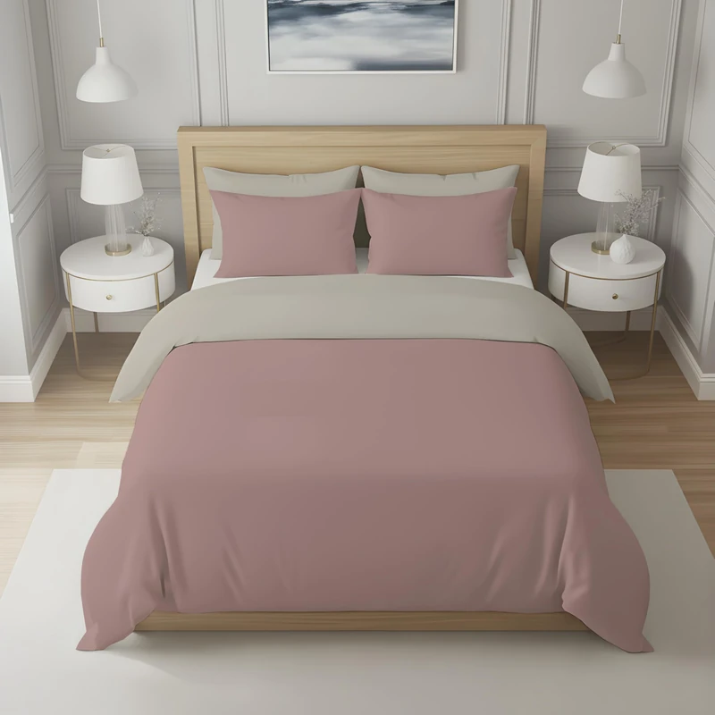 Soleil d'ocre, Two-Tone Cotton Duvet Cover 57 Thread Count 260 x 240 cm Plain Linen and Old Pink - Image 1