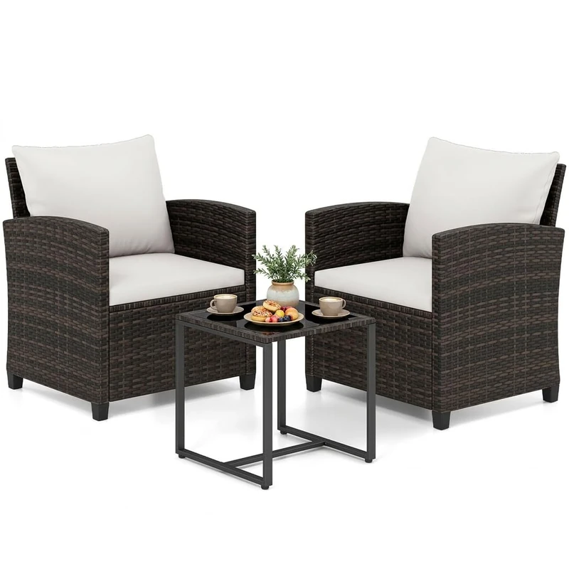 RELAX4LIFE 3-Piece Rattan Garden Furniture Set, PE Wicker Bistro Sets with Coffee Table, 2 Armchairs and Removable Cushions, Outdoor Furniture Conversation Sets for Lounge Backyard Poolside (White)