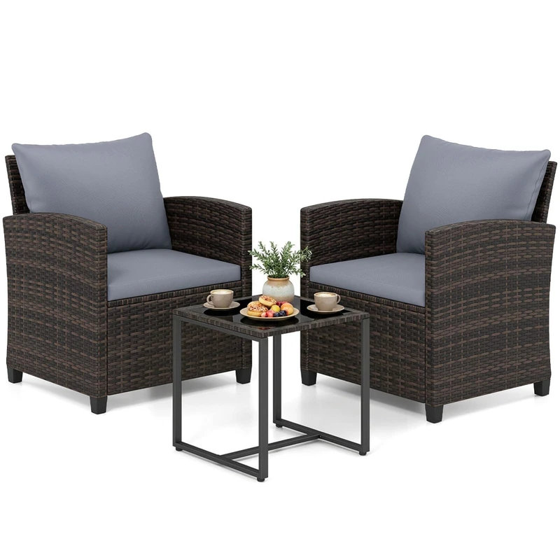 RELAX4LIFE 3-Piece Rattan Garden Furniture Set, PE Wicker Bistro Sets with Coffee Table, 2 Armchairs and Removable Cushions, Outdoor Furniture Conversation Sets for Lounge Backyard Poolside (Grey)