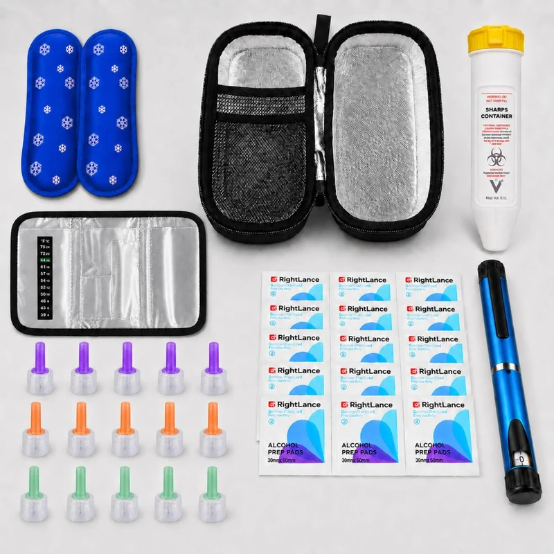 All-in-One Insulin Travel Kit | 1 Reusable Insulin Pen, 15 Pre-Injection Alcohol Wipes, 15 Pen Attachment, 2 Cooling Ice Packs, 1 Sharps Bin, 1 Insulated Travel Case | Diabetic Carry Kit for Daily Use