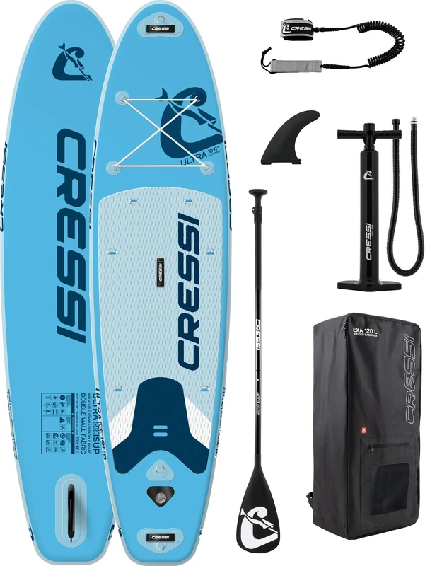 CRESSI since 1946 - Ultra Isup Set - Large Inflatable SUP Board for Adults Highly Stable and Durable Complete with Accessories Paddle Fin Pump Leash,Bag/Backpack - Azure - 320x81x8 cm Max 130 kg
