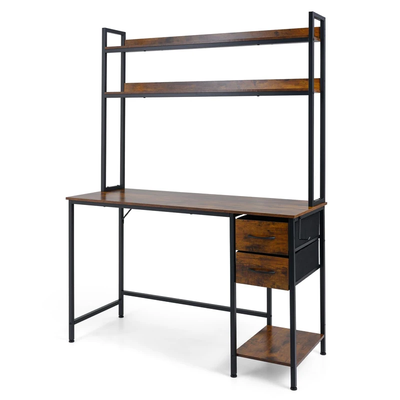 CASART Computer Desk with Hutch, Industrial Metal Frame Home Office Desk Study Table with Fabric Drawers, Reversible Executive Writing Gaming Workstation PC Laptop Table