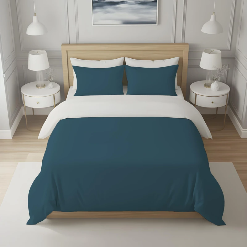 Soleil d'ocre, Two-Tone Cotton Duvet Cover 57 Thread Count 260 x 240 cm White and Duck Egg Blue