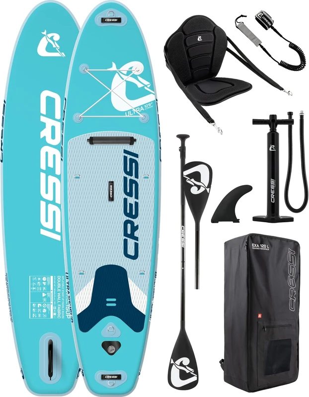 CRESSI since 1946 - Ultra Isup Kayak Set - Inflatable SUP Board for Adults with Seat Highly Stable and Durable Complete with Accessories Paddle Fin Pump Leash Bag - Aquamarine - 320x81x8 cm Max 130 kg