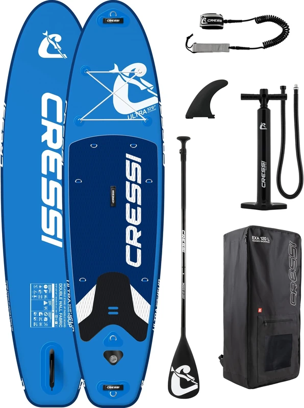 CRESSI since 1946 - Ultra Isup Set - Large Inflatable SUP Board for Adults Highly Stable and Durable Complete with Accessories Paddle Fin Pump Leash,Bag/Backpack - Blue - 320x81x8 cm Max 130 kg