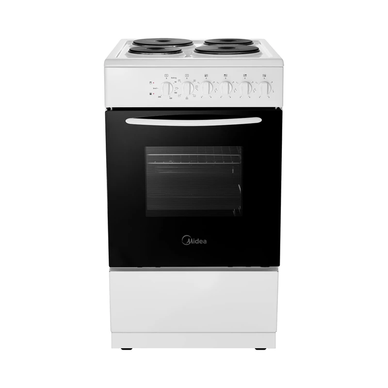 Midea 50cm Freestanding Electric Cooker - 52L Single Cavity Oven with 4 Solid Plate Hobs, White - MFO20DME4H109-WH