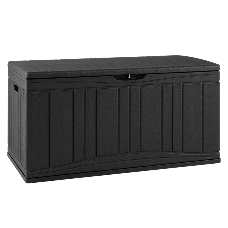 GiantexUK 300L Garden Storage Box, Waterproof Deck Boxes with Lockable Sit-on Lid, Gas Strut & Handles, Wood Effect Outdoor Utility Chest Container for Patio Cushions Garden Tools (Black, 300L)