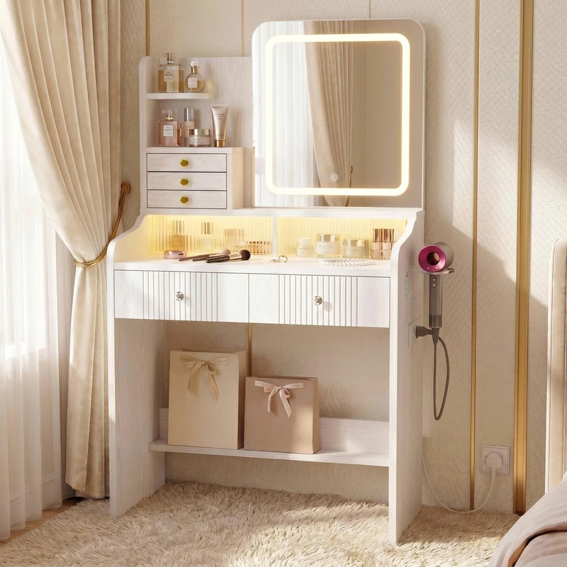 IRONCK Dressing Table with LED Mirror & RGB Lights, Makeup Vanity with Sliding Door Hidden Storage, Power Outlet, Hairdryer Holder, 5 Drawers Fluted Panel Vanity Table for Bedroom, 140×80×40cm White - Image 1