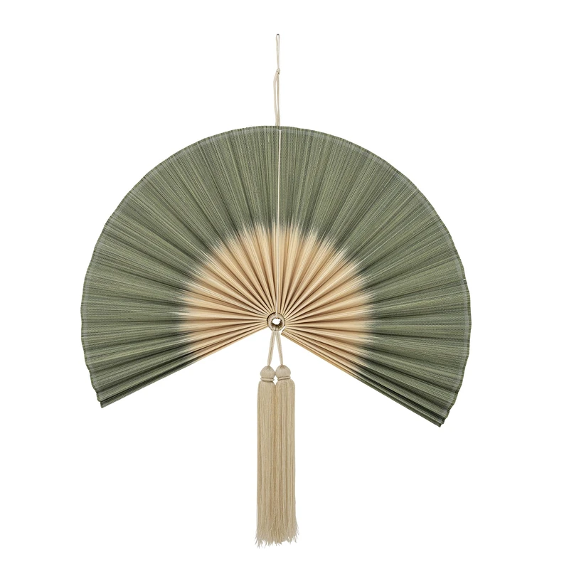 Bloomingville JAIME Wall Decoration Green - Decorative Bamboo Wall Decoration with Green Folds, Beige Centre and Tassel, L 75 x H 70 cm, Includes Hanging Loop - Image 1