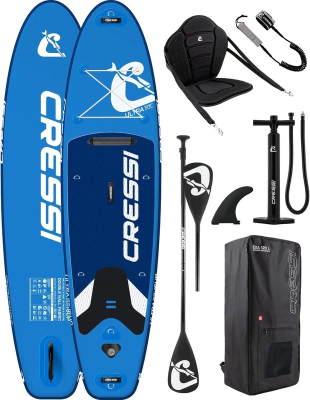 CRESSI since 1946 - Ultra Isup Kayak Set - Inflatable SUP Board for Adults with Seat Highly Stable and Durable Complete with Accessories Paddle Fin Pump Leash Bag - Blue - 320x81x8 cm Max 130 kg