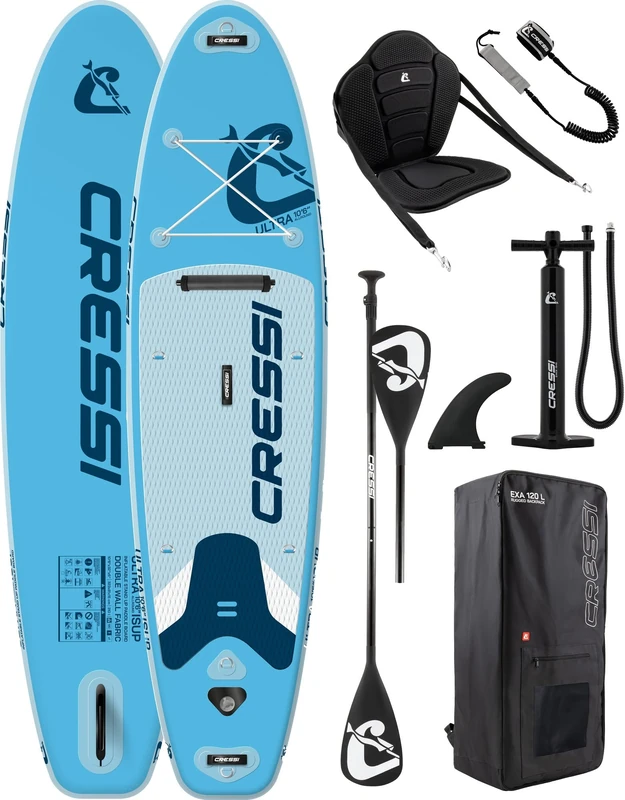 CRESSI since 1946 - Ultra Isup Kayak Set - Inflatable SUP Board for Adults with Seat Highly Stable and Durable Complete with Accessories Paddle Fin Pump Leash Bag - Azure - 320x81x8 cm Max 130 kg