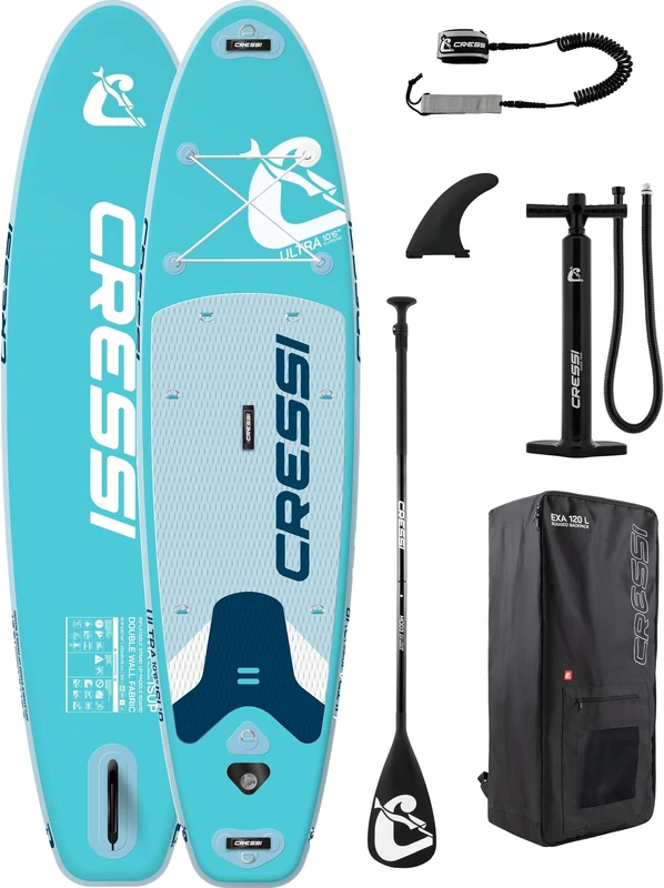 CRESSI since 1946 - Ultra Isup Set - Large Inflatable SUP Board for Adults Highly Stable and Durable Complete with Accessories Paddle Fin Pump Leash,Bag/Backpack - Aquamarine - 320x81x8 cm Max 130 kg