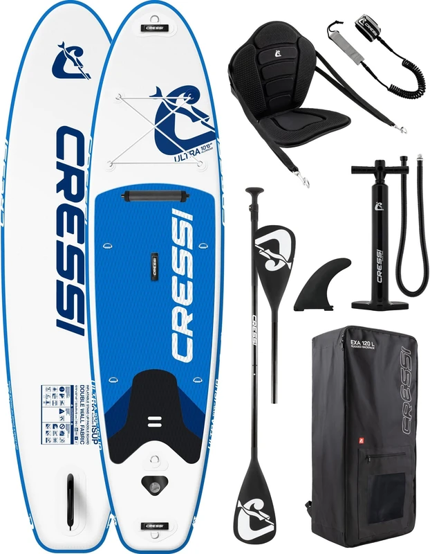CRESSI since 1946 - Ultra Isup Kayak Set - Inflatable SUP Board for Adults with Seat Highly Stable and Durable Complete with Accessories Paddle Fin Pump Leash Bag - White/Blue - 320x81x8 cm Max 130 kg