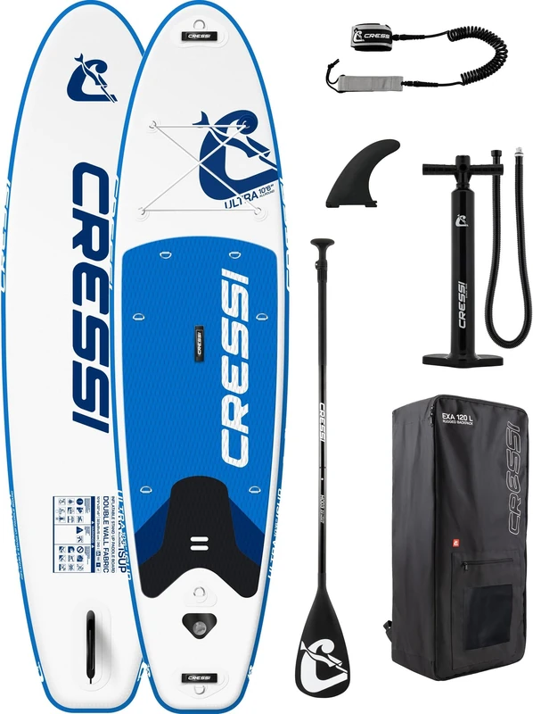 CRESSI since 1946 - Ultra Isup Set - Large Inflatable SUP Board for Adults Highly Stable and Durable Complete with Accessories Paddle Fin Pump Leash,Bag/Backpack - White/Blue - 320x81x8 cm Max 130 kg