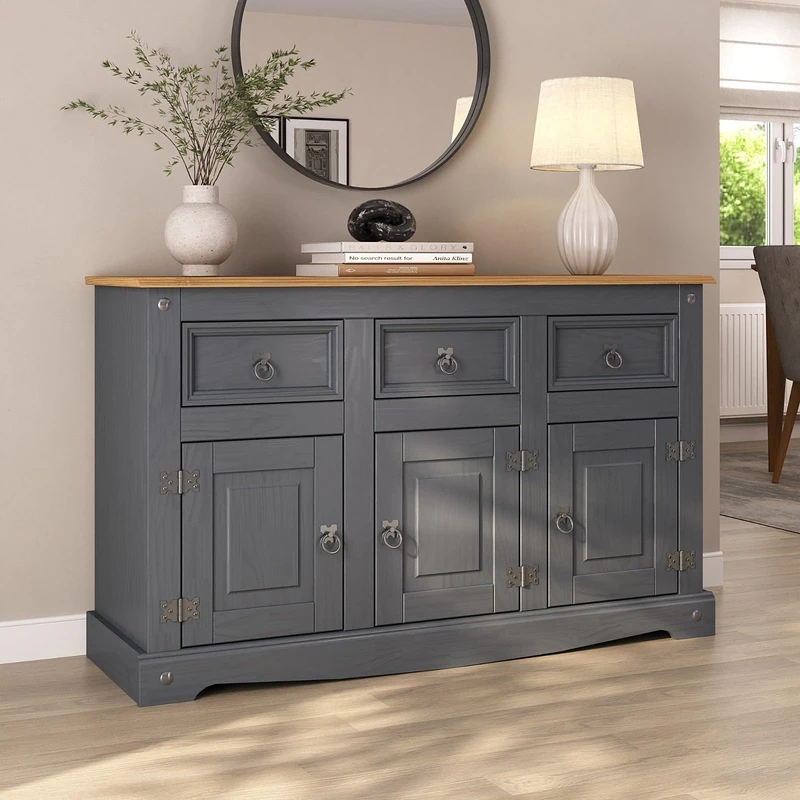 Corona Charcoal 3 Door 3 Drawer Sideboard Solid Pine Wood Painted Wooden Storage Cabinet - Image 1