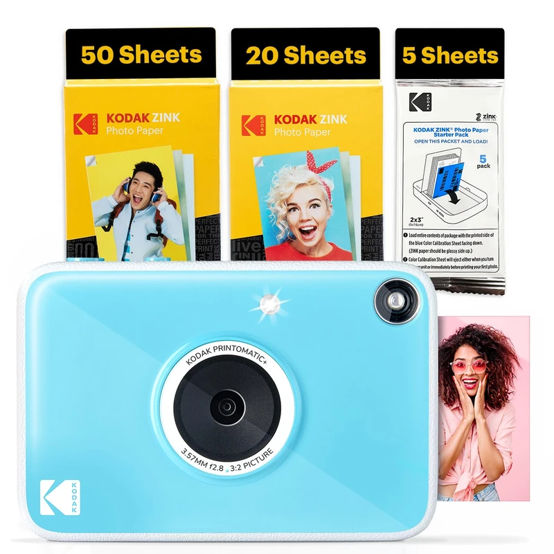 Kodak Printomatic+ Full-Color Instant Print Digital Camera, Zink 2x3" (5.1x7.5 cm) Sticky-Back Photo Paper, 5MP, Portable, Creative Fun Gift for Birthday, Christmas, Holiday, Blue, 75 Sheets Bundle